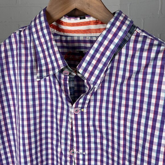 Robert X Graham Shirt Mens 2XLarge Blue Orange Gingham Check Tailored Fit - Picture 2 of 12